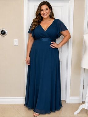 maxi dresses on sale plus size Ever-Pretty Plus Size Empire Waist A-Line V-Neck Holiday Dress with Long Lantern Sleeves